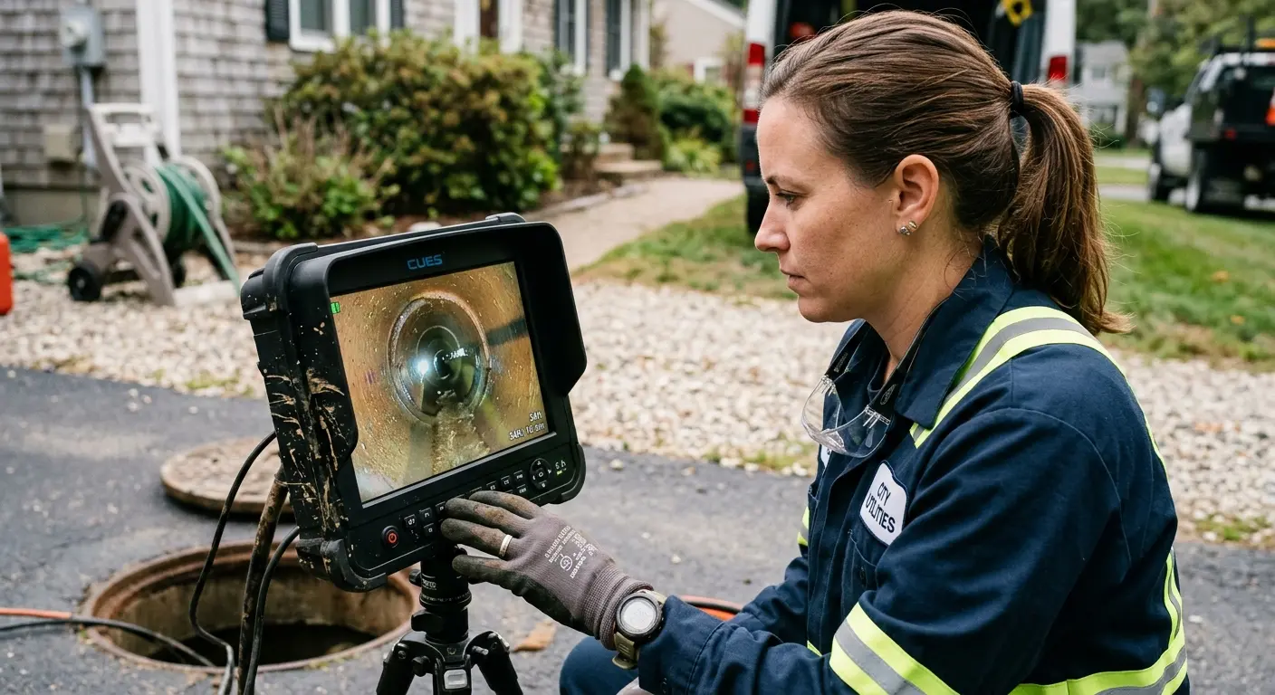 Technician reviewing sewer camera inspection footage in Zachary