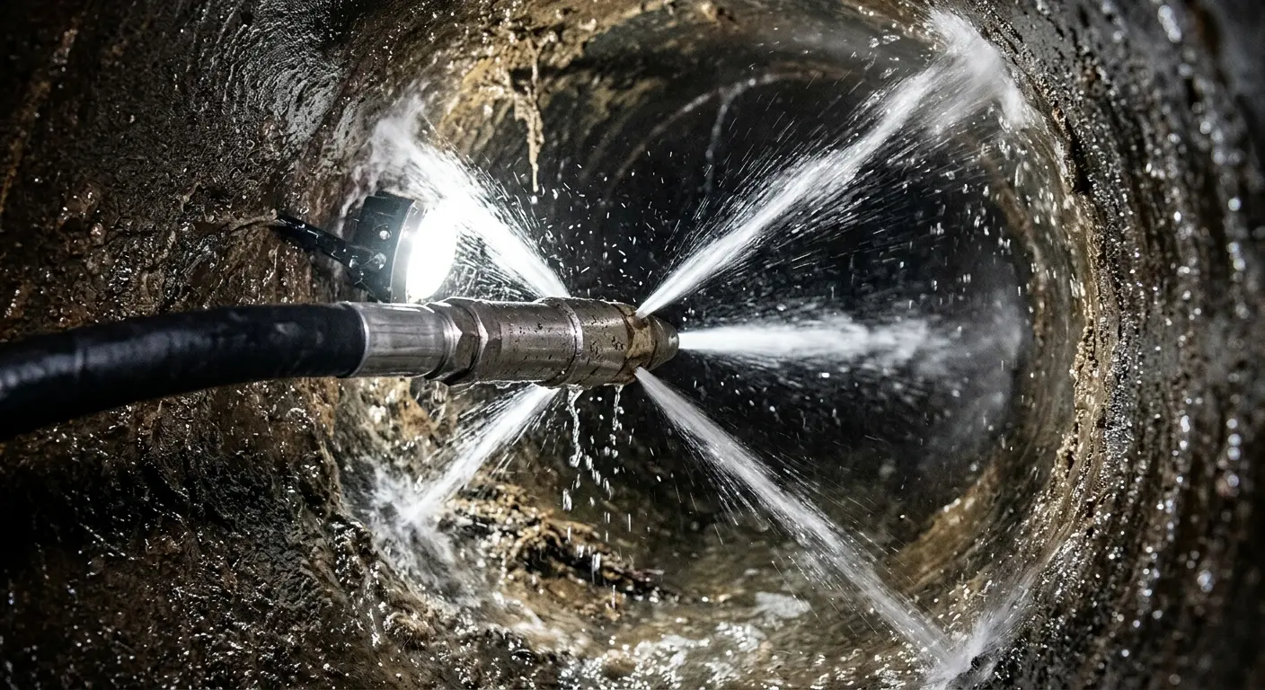High-pressure hydro jetting nozzle cleaning sewer pipe for Emergency Drain Service in Zachary