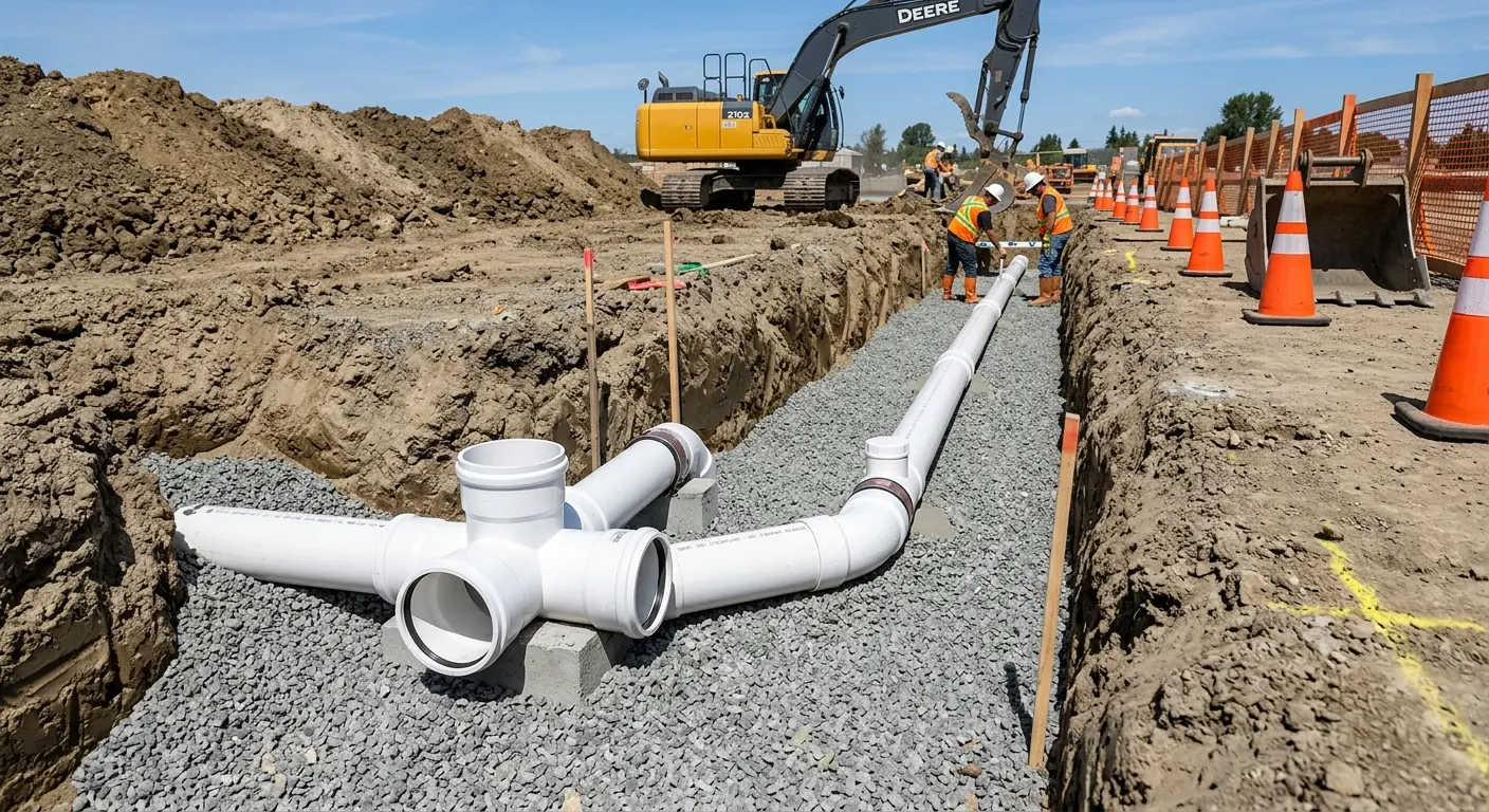 New PVC sewer pipe installation in open trench for Commercial Drain Cleaning in Zachary