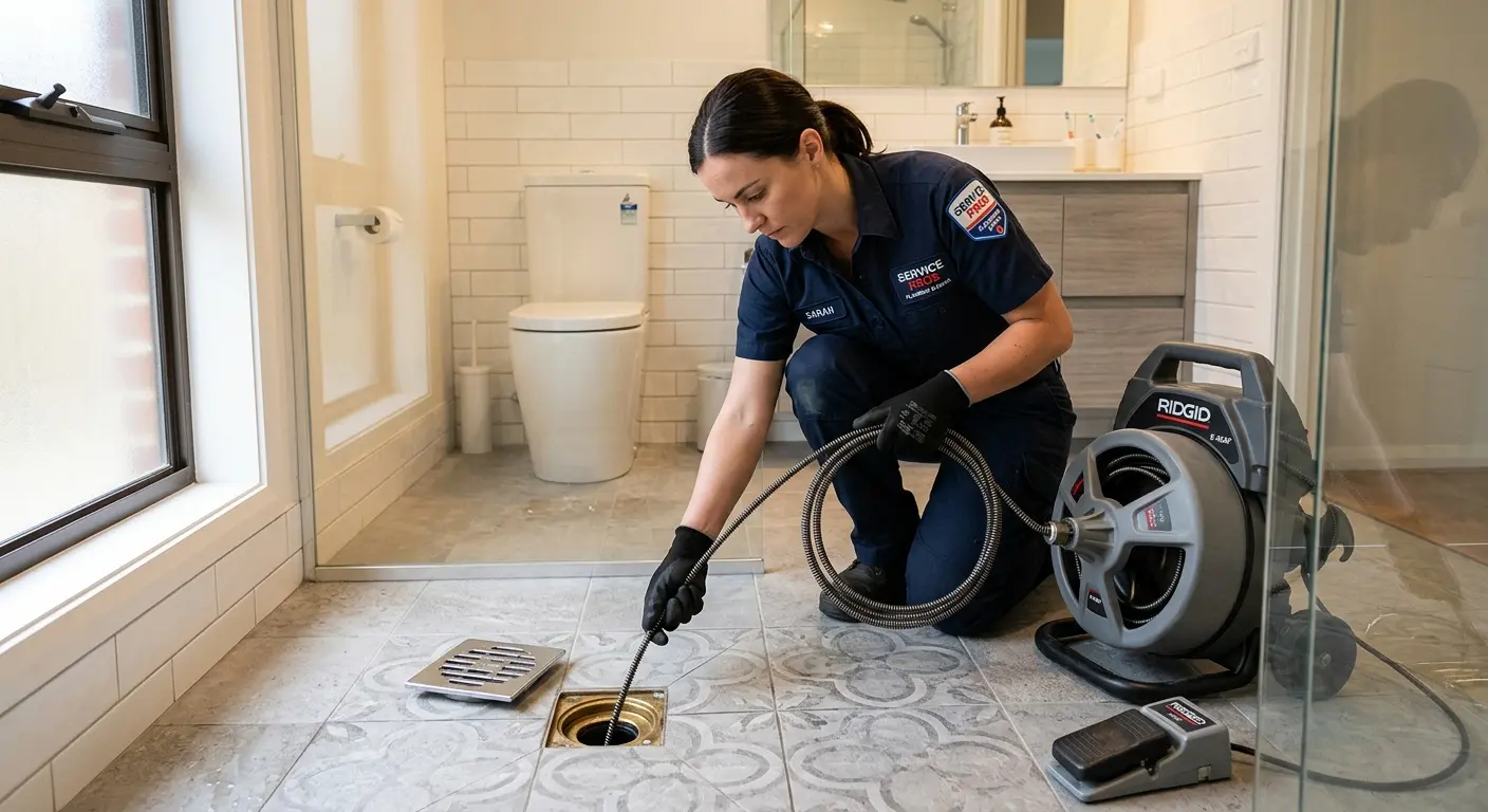 Technician clearing a bathroom floor drain for Sewer Line Replacement in Zachary